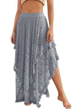 Women's Purple Floral Lace  Asymmetrical Layered Flowy Boho Beach Maxi Skirt